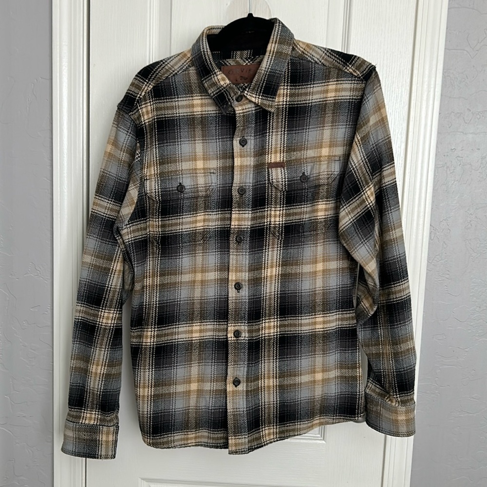Orvis Shirt Mens Medium Brown Black Plaid Flannel Heavy Weight Shacket Pocket